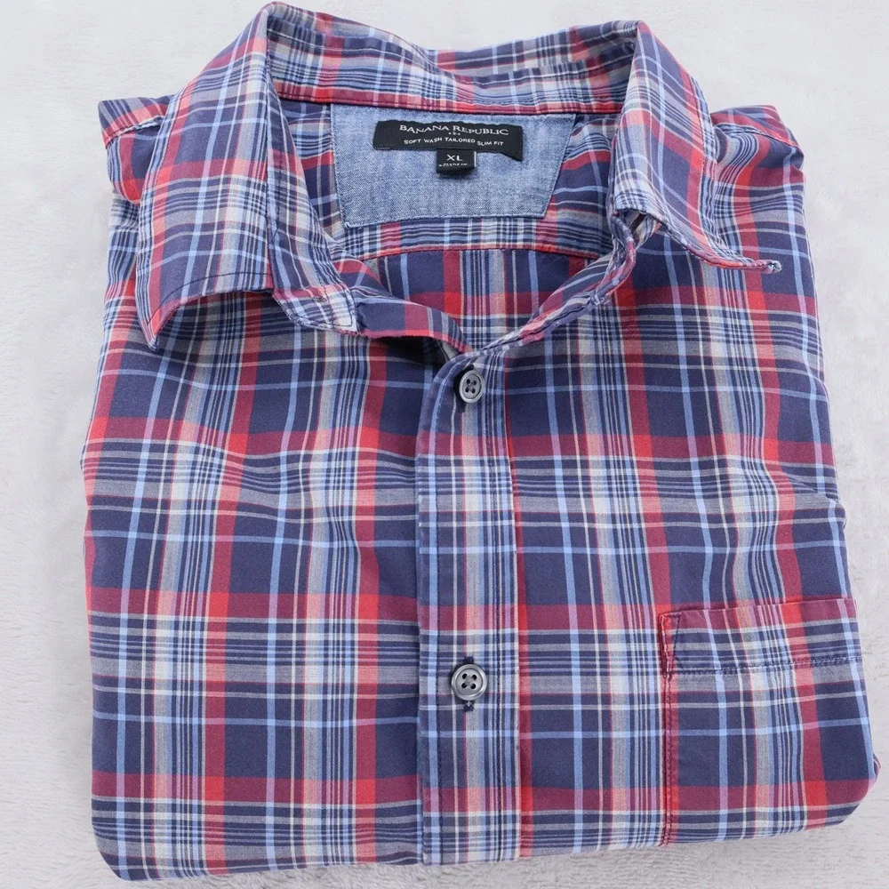 Banana Republic Mens XL Soft Wash Tailored Slim Fit Plaid Button Down Shirt Blue